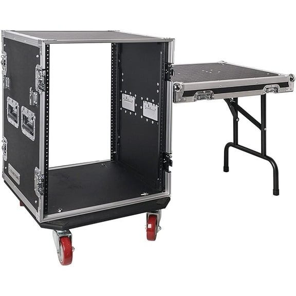 Sound Town 14U PA/DJ Rack/Road Case, 14-Space, with 21" Rackable Depth, DJ Work Table, Casters, Plywood, Metal Ball Corners (STRC-14UWT)