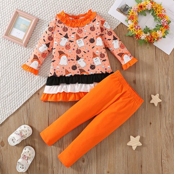 Hotiary 1-8T Toddler Kids Halloween Outfit Girls' Elf Printed Lace Sleeves Pullover and Stripe Long Pants Two-Piece Set