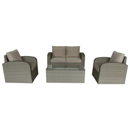 Luxury Patio Furniture Dallas 4 Piece Multy-Tan Outdoor Lounge Set with Cushions, Polyurethane Rattan Garden Furniture Set in Beige ()