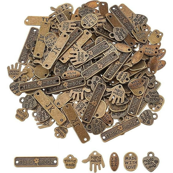 216Pcs Alloy Word Charms Pendants Handmade Made with Love Charms Bronze Oval/Heart/Rectangle/Hand/Flower Shapes Jewelry Making Accessories for Key Chains DIY