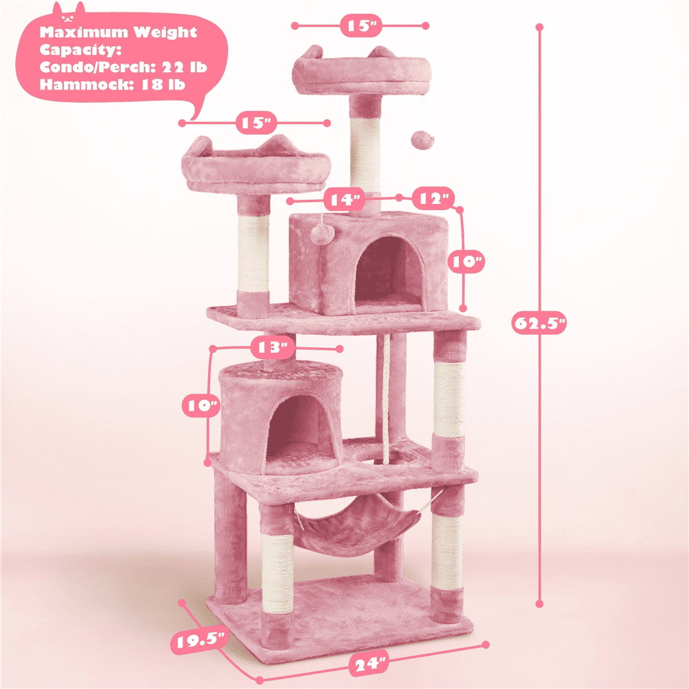 Alden Design 62" Double Condos Cat Tree and Scratching Post Tower, Pink