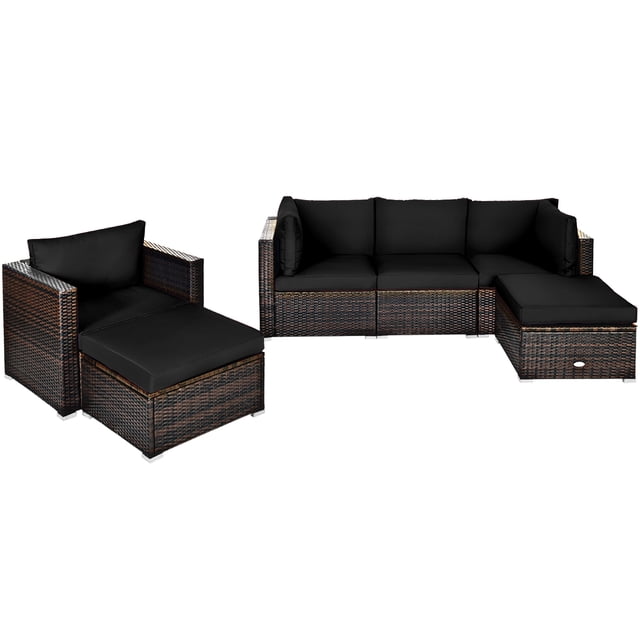Patiojoy 6PCS Rattan Patio Furniture Set Cushioned Sofa Chair Ottoman Black