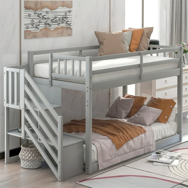 Twin Over Twin Floor Bunk Bed with Stairs and Storage Shelves,Wood Low