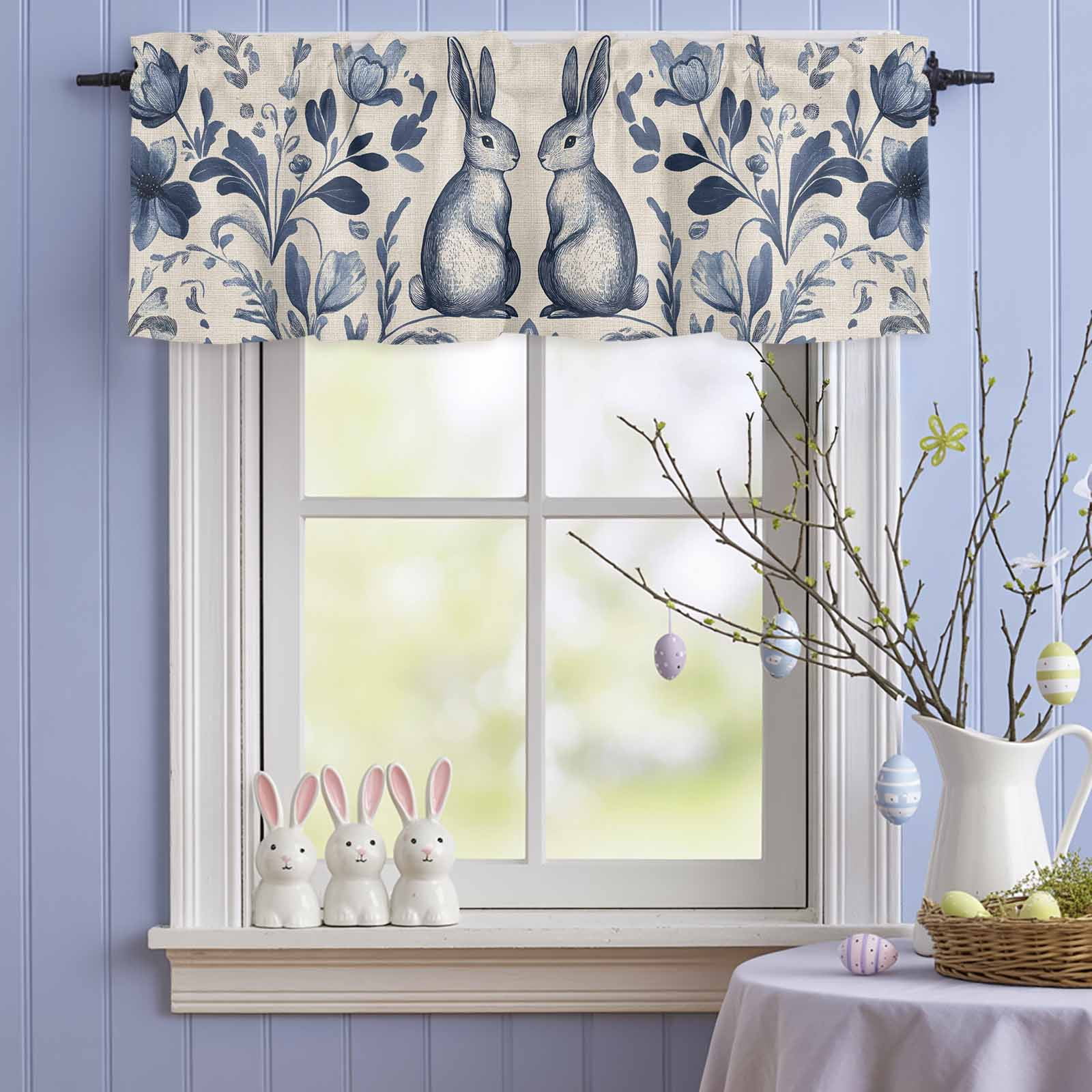 Easter Rabbits Valances for Windows, Cute Blue Bunny Watercolor Boho Floral Leaf Linen Texture Valance Window Treatment Rod Pocket Short Curtains Valances for Kitchen Bathroom 60"W x18"L