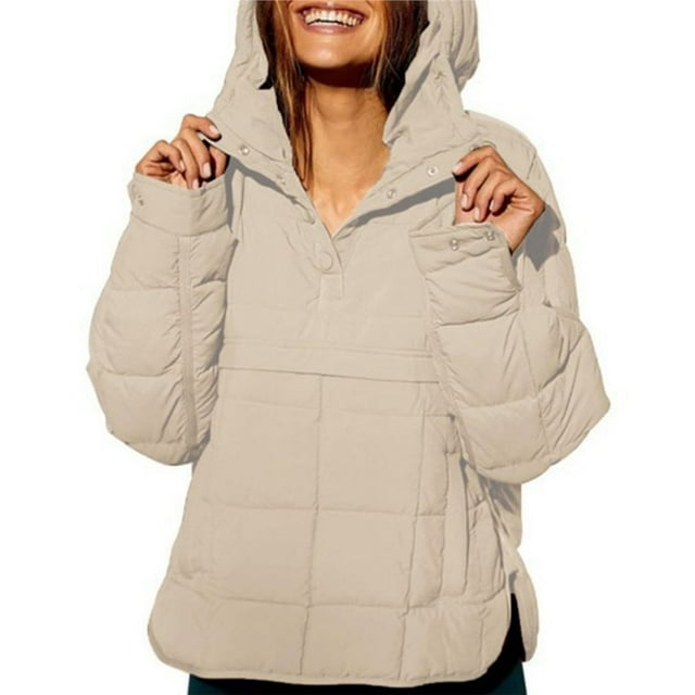 Chaqueta Acolchada Oversize para Mujer, Estilo Dolman, con Capucha, Larga, Cálida y Estilo Top Crema XXL
