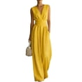 thumbnail image 4 of JFGHDG Women's Sleeveless Deep V Neck Ruched Wide Leg Jumpsuit Long Romper with Pockets Yellow M, 4 of 7