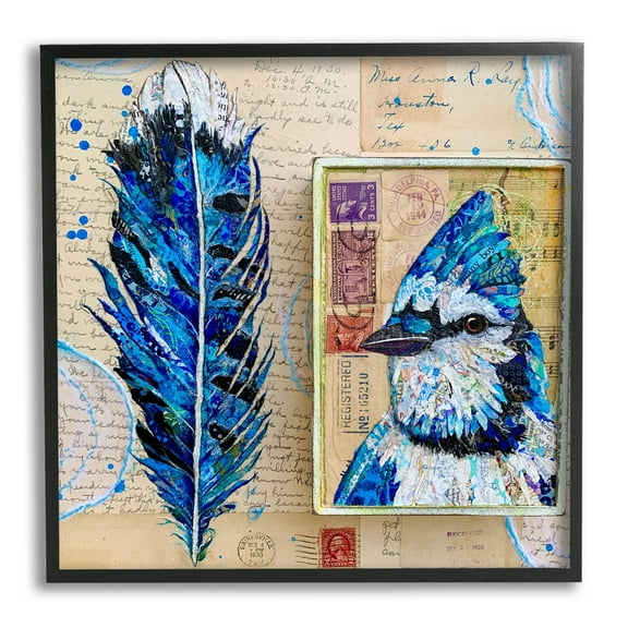 Stupell Industries Blue Jay Collaged Ephemera Feather Bird Painting Painting Black Framed Art Print Wall Art, Design by Lisa Morales