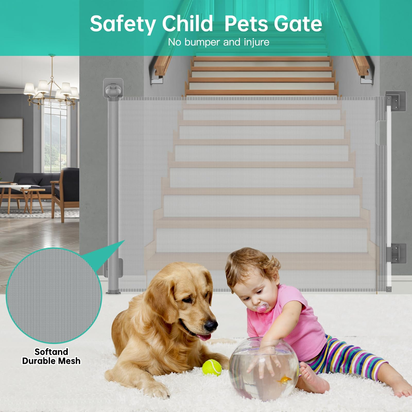 Sunnycome Retractable Baby Gate,Mesh Dog Gate,33"Tall Extends up to 63" Wide,Child Safety Gate for Doorways,Stairs,Hallways,Indoor Outdoor Gray