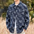 thumbnail image 3 of Ceisia Men Geometric Jacquard Denim Button Down Shacket Lapel Long Sleeve Chest Pockets Casual Oversized Shirt Jacket Daily Autumn Winter Outfit Gift, 3 of 5