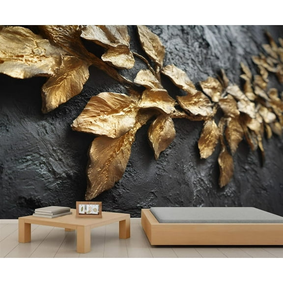 Golden Leaves Wall Mural Living Room Bedroom, 3D Botanical Mural, Black Gold Large Wall Sticker, Luxury Wallpaper, Leaves Home Decor & Gift 59"W x 39.4"H (Not Peel and Stick)