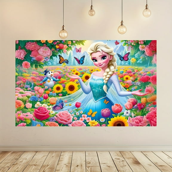 Frozen Elsa and friends' birthday party banner - A vibrant polyester background snowman, butterfly and sunflower, perfect for teenagers' birthday decoration