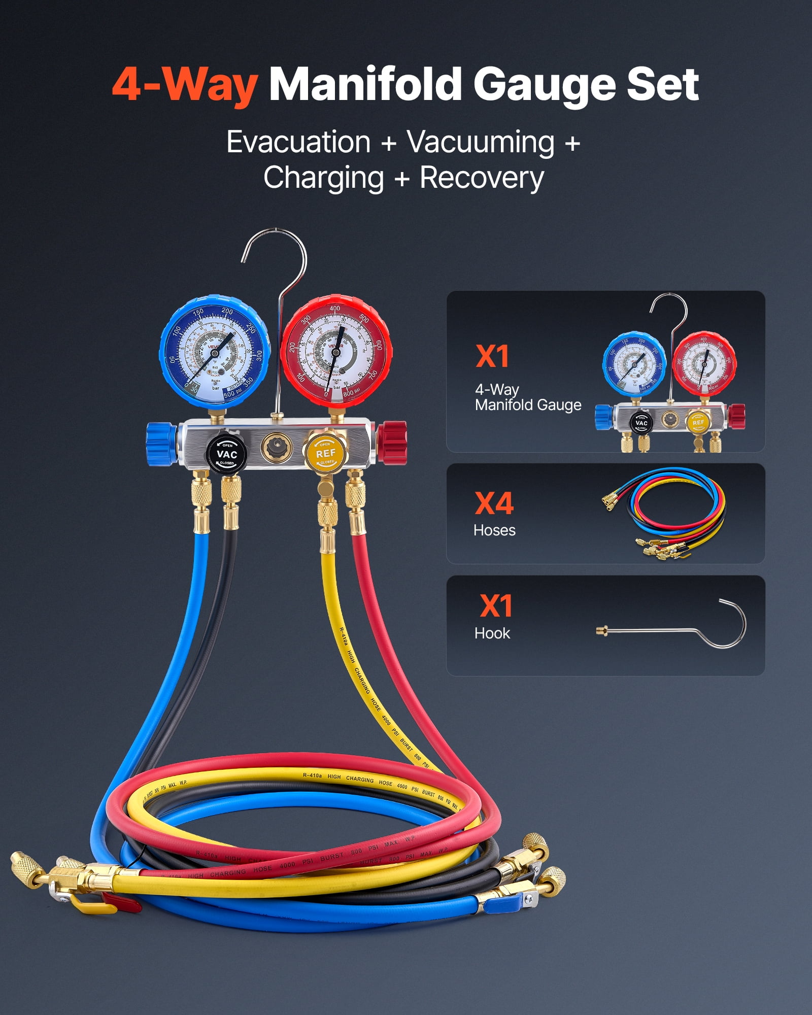 VEVOR AC Manifold Gauge Set for R22 R404A R410A R12 Refrigerants, 4 Way AC Gauges with 5 ft Hoses for Automotive & Household Air Conditioning Maintenance, Evacuation Vacuuming Charging and Recovery