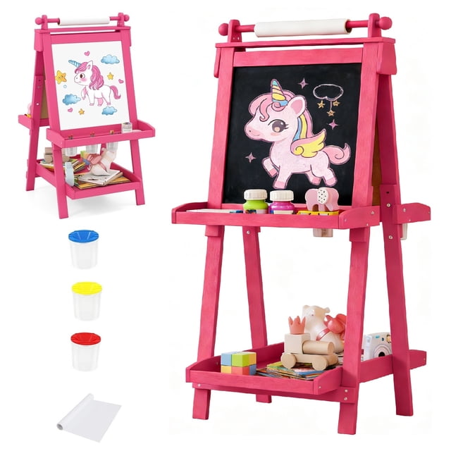 OLAKIDS Chevalet pour Enfants, Tableau d'Art de Peinture 3 en 1 Réglable, Tableau Noir de Dessin en Bois Pliable Double Face Magnétique avec Rouleau de Papier, Étagère de Rangement, Gobelets pour Garçons Filles