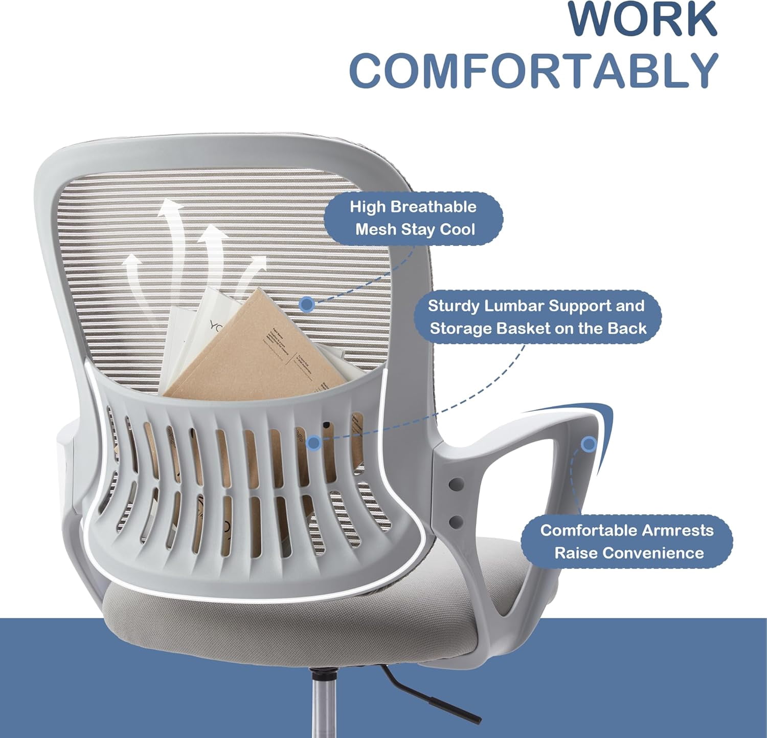 Ergonomic High-Back Mesh Office Chair - Breathable Waist and Back Support Computer Chair with Fixed Armrests, Height Adjustment, and 360° Swivel Base(Gray)