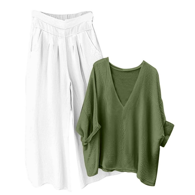 Women's Linen Set 2025 - V-Neck Top & Pants | Breathable Summer Loungewear