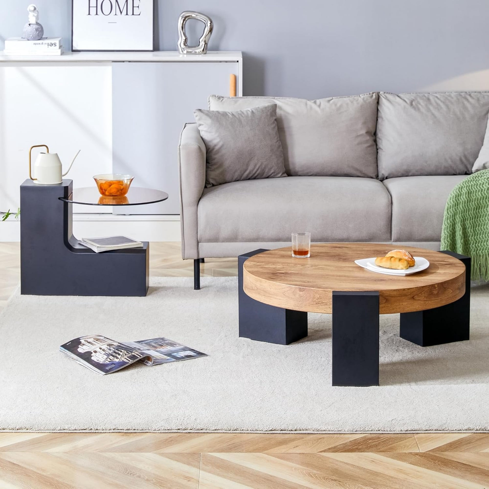 Sudica Detachable Double-decker Coffee Table 30" Round,Tea Table with Black Faux Marble Tabletop,Center Table for Living Room