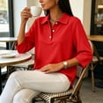 thumbnail image 6 of Polo Shirts for Women 3/4 Sleeve Dressy Button Down Collared Lightweight Daily Work Shirts Red L, 6 of 9