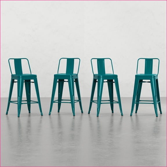 Stools Set of 4 24” Industrial Metal Counter Height for Kitchen Bar | Teal Blue | Metal