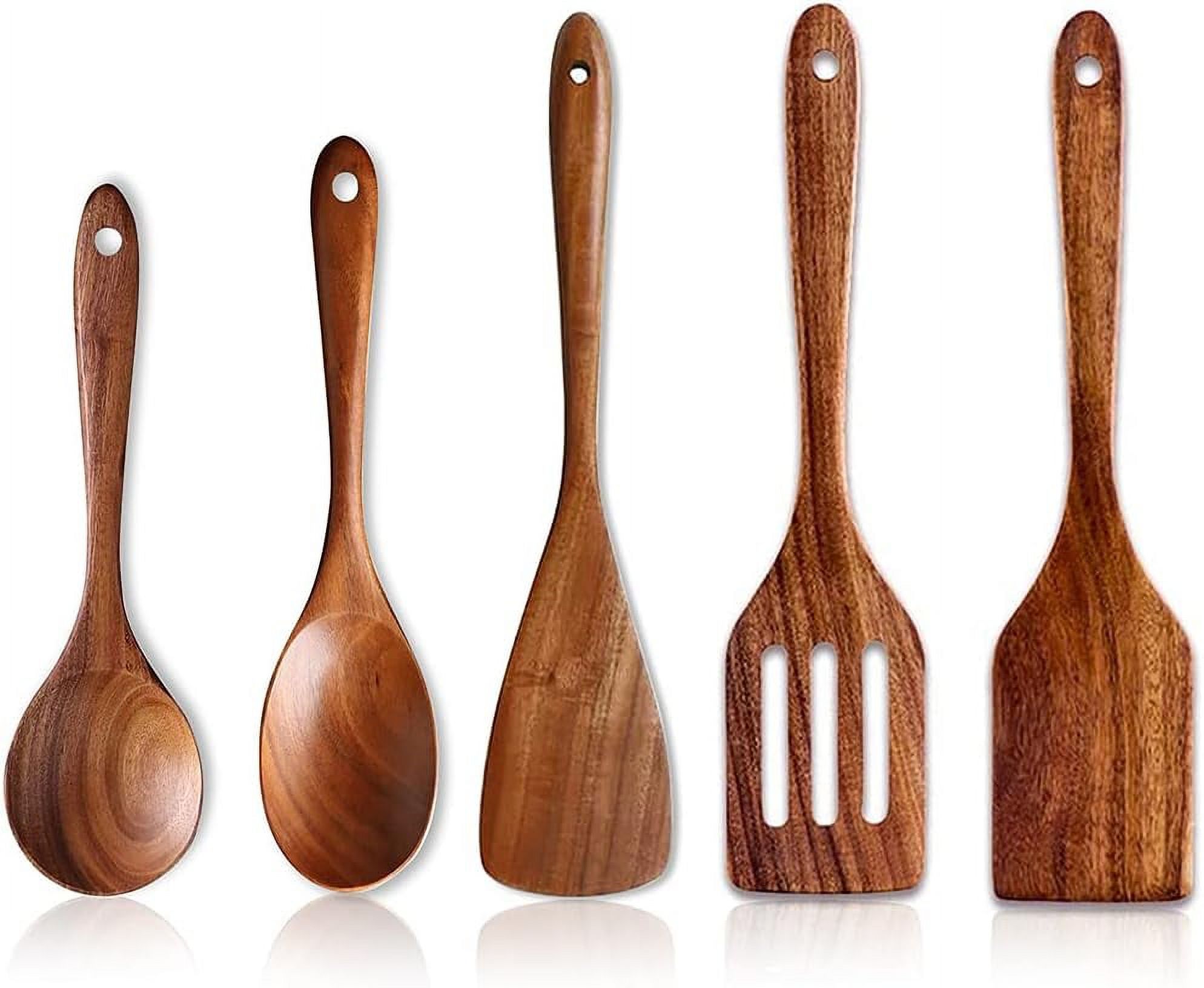 5 Pcs Wooden Spoons for Cooking Kitchen Utensils Set Non Stick Spoon Acacia Wood Utensil Cooking Spatula Turner Slotted Spoon Flat Wooden Spatula Set Mixing Cooking Spoons Kitchen Utensils