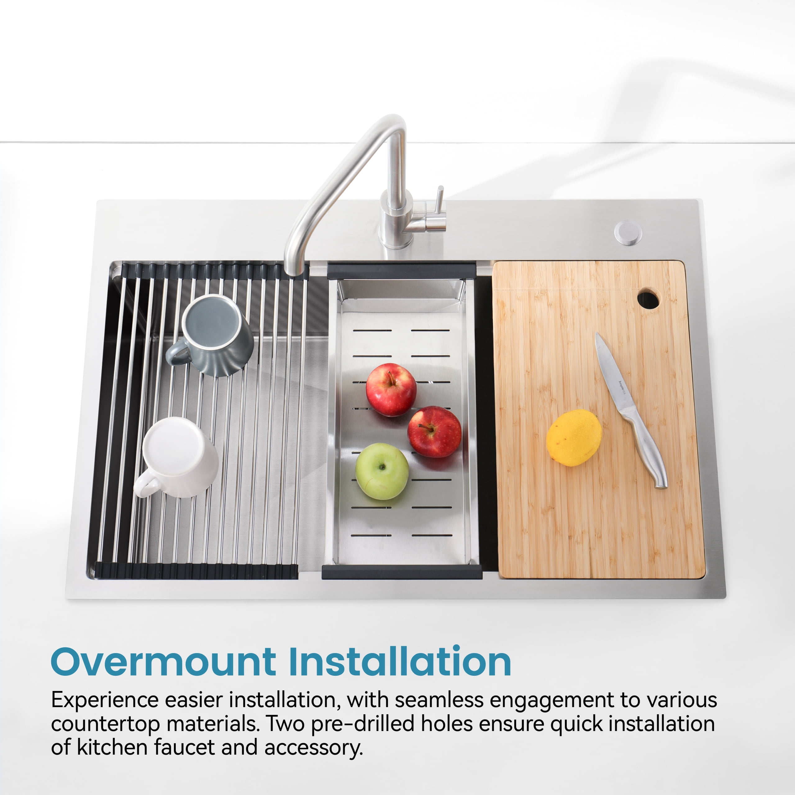 Izzovium 30"x22" Single Bowl Stainless Steel Kitchen Sink, Overmount Brushed Gray with Cutting Board & Colander, 20 Gauge 304 Steel, Sound Absorbing & Drain Grooves
