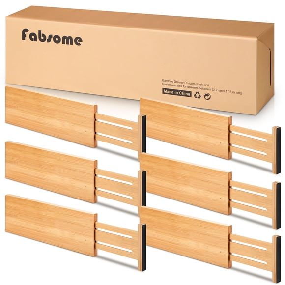 Organizadores de cajones Fabsome Dresser, paquete de 6, ajustables en bambú