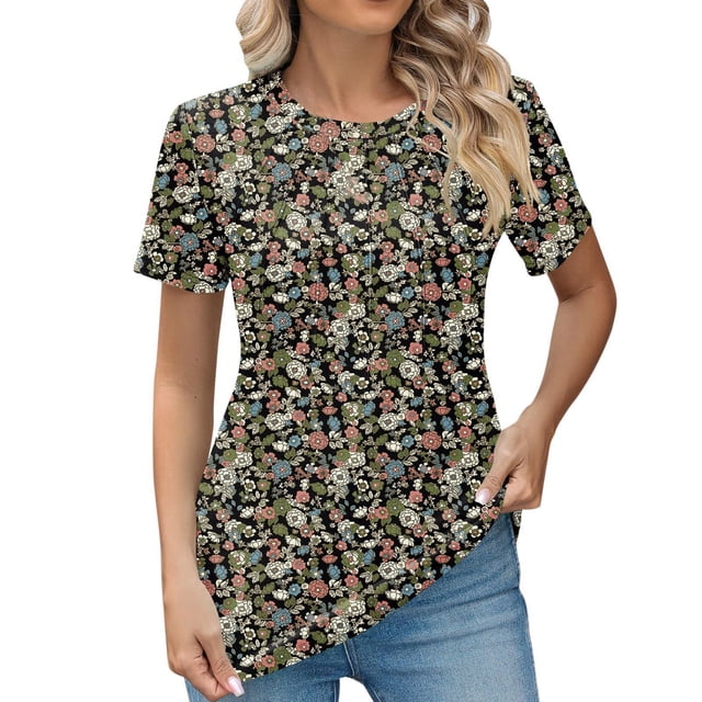 TSADFHJI T-Shirt Blanc pour Femmes Manches 3/4 2024 Hauts Plissés à Col Rond Manches Courtes Vêtements de Mode Tunique T-Shirt TTG Rouge Melon D\'eau