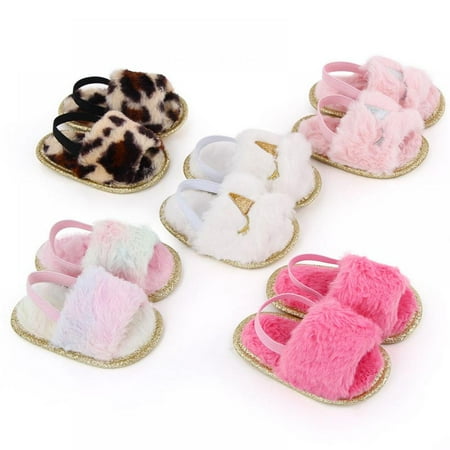 

Newborn Baby Girl Soft Sole Crib Shoes Cute Fluffy Fur Summer Slippers Sandals Fashion Gradient Soft Plush Bottom Indoor Shoes