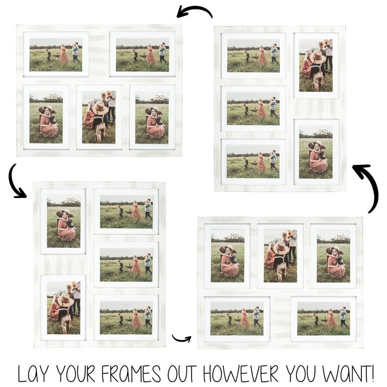 GLM Collage Picture Frames for 4x6 and 5x7 Photos with Glass and Mat, Photo Frame  Collage for Wall Holds Five 4x6 Or 5x7 Photos - Picture Frames Collage  Rustic Distressed (Rustic White) 