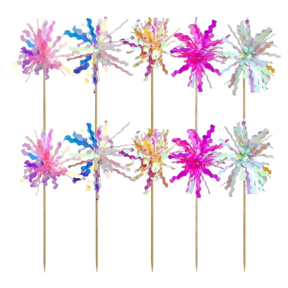 10 Pack Birthday Foil Firework Cupcake Toppers, Wooden Food Picks Tinsel Sparkle Decor for Cake, Cocktail, Fruit & Birthday Party Decoration