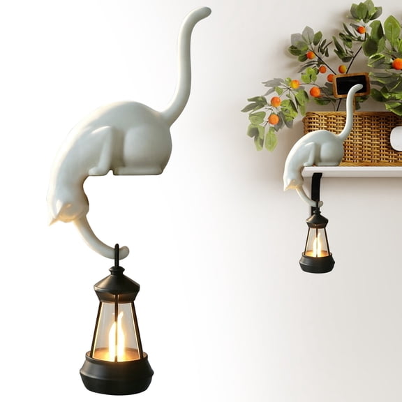 3D Perched Cat Statue with Hanging Lantern Light, Resin White Cat Sculpture Night Lamp, Edge Sill Decorative Figurine for Shelf Cabinet Bedroom Living Room Indoor Art Ornament Decor