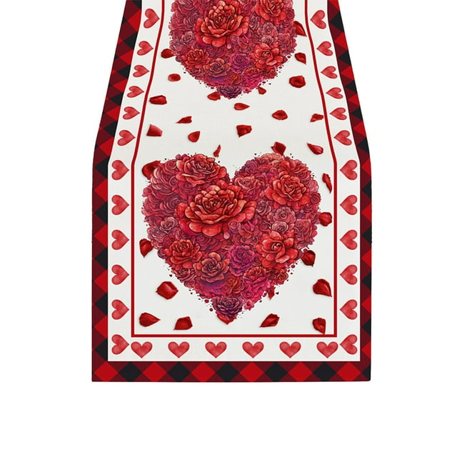 B Table Runner 12.99X70.87 In Linen Fabric Rose Heart Print For Dining Table Anniversary Party And Home Decor