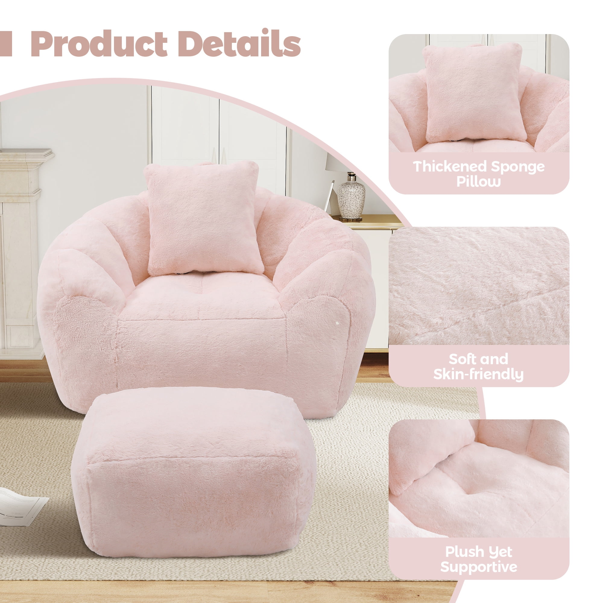 Aukfa Giant Bean Bag Chair,Lounge Chair Floor Lazy Sofa Bed with Ottoman & Pillow,Pink