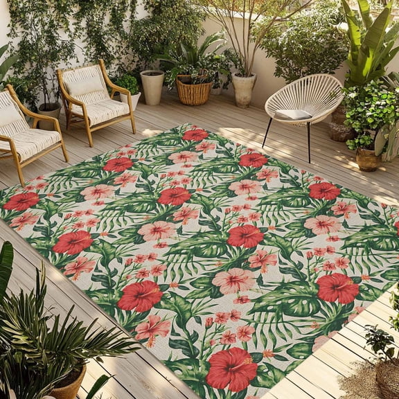 Tropical Botanical Outdoor Rug for Patio/Deck/Porch, Non-Slip Large Area Rug 4 x 6 Ft, Summer Red Pink Floral Botanical Indoor Outdoor Rugs Washable Area Rugs, Reversible Camping Rug Carpet Runner