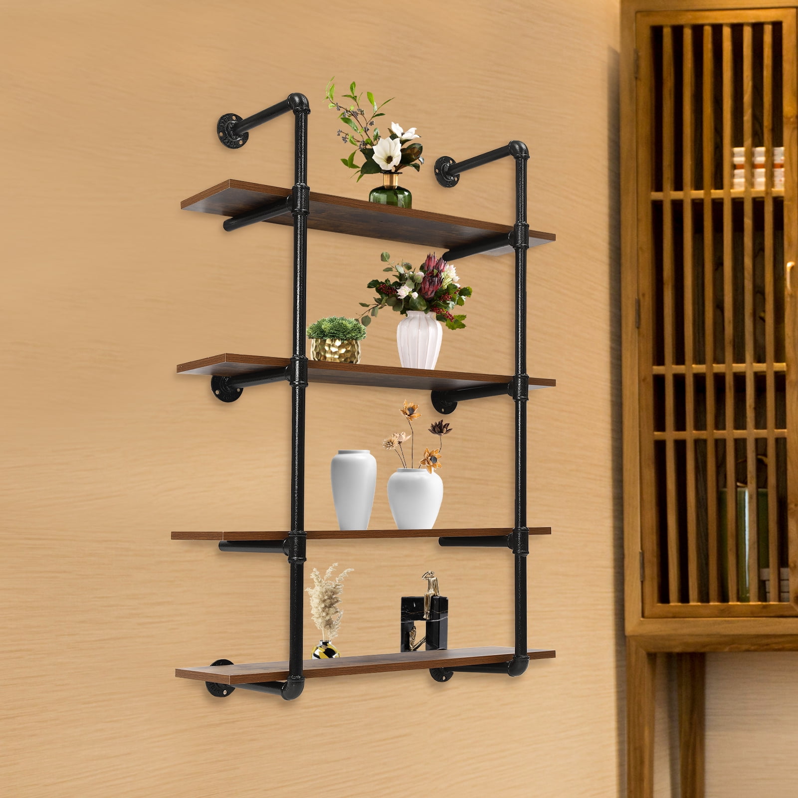 Industrial Pipe Shelving Wall Mounted  Rustic Metal Floating Shelves,Steampunk Real Wood Book Shelves,Wall Shelf Unit Bookshelf Hanging Wall Shelves,Farmhouse Kitchen Bar Shelving(4 Tier)