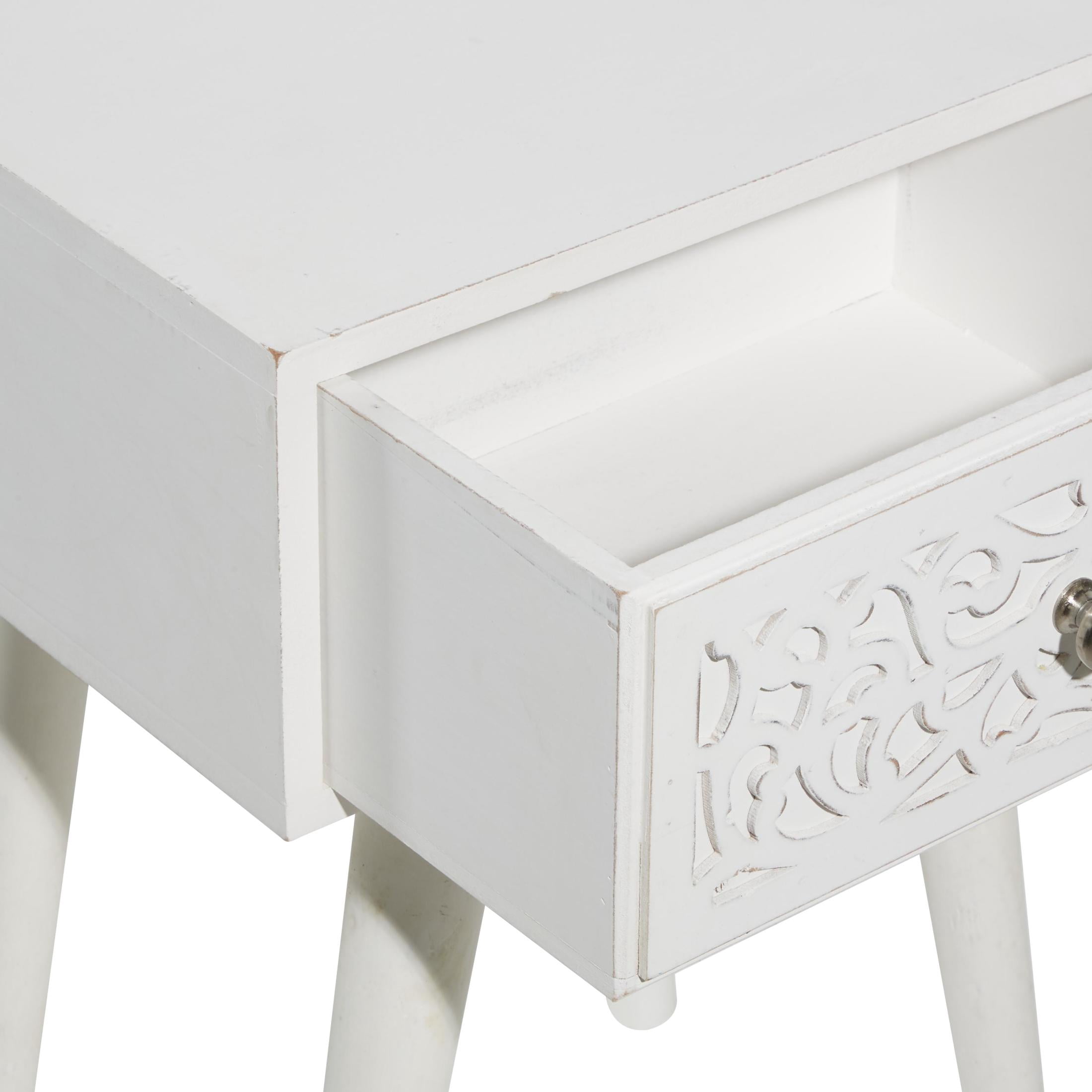 DecMode 16" x 24" White Mango Wood Intricately Carved Single Drawer Scroll Accent Table, 1-Piece