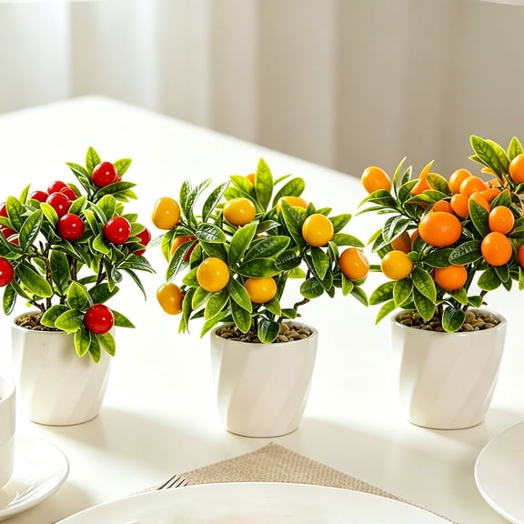 Artificial Fruit Bonsai, Plastic Mini Potted Plant Home Decor, Fake Greenery Flower Arrangement Tabletop Decoration, Faux Botanical Ornament for Living Room Office, Topliu