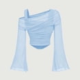 thumbnail image 3 of Women's Plus Size 2 in 1 Off Shoulder T Shirt Ruched Sheer Bell Long Sleeve Tee, Casual Slim Fit Going Out Y2k Shirts Blouses(Blue,M), 3 of 7