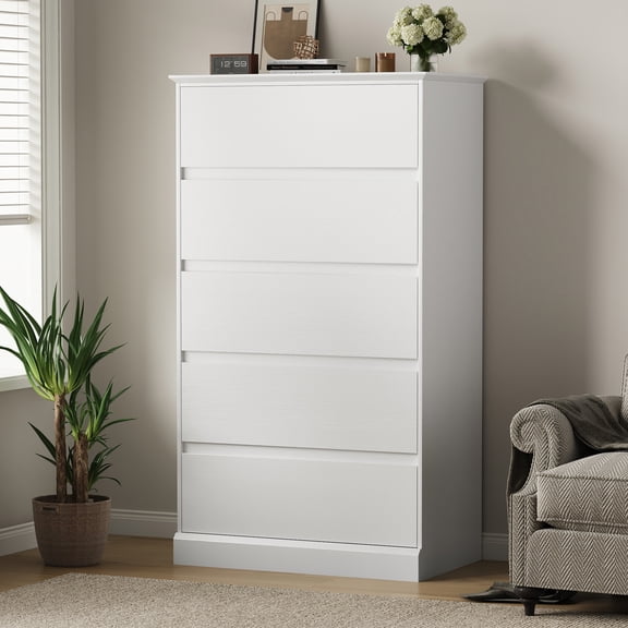White 5 Drawers Dresser for Bedroom, Modern Chest of Drawers, Wood Storage Dresser with Deep Drawers for Living Room Hallway Entryway,