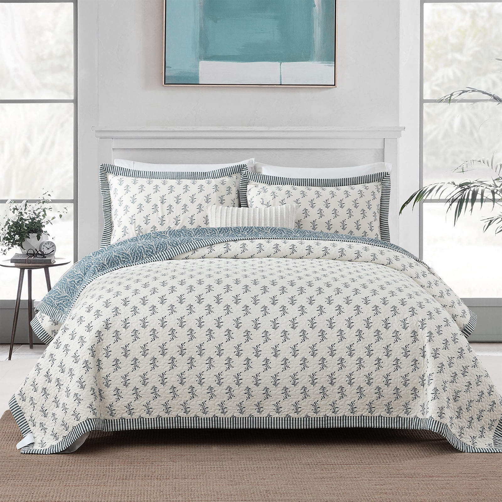 PANGUSHAN 100% Cotton King Quilt Set, Farmhouse King Size Quilt Bedding Set Bedspreads, Reversible Botanical Patterns Quilted Lightweight Comforter, Grayish-Blue/White Bed Spread for King Bed