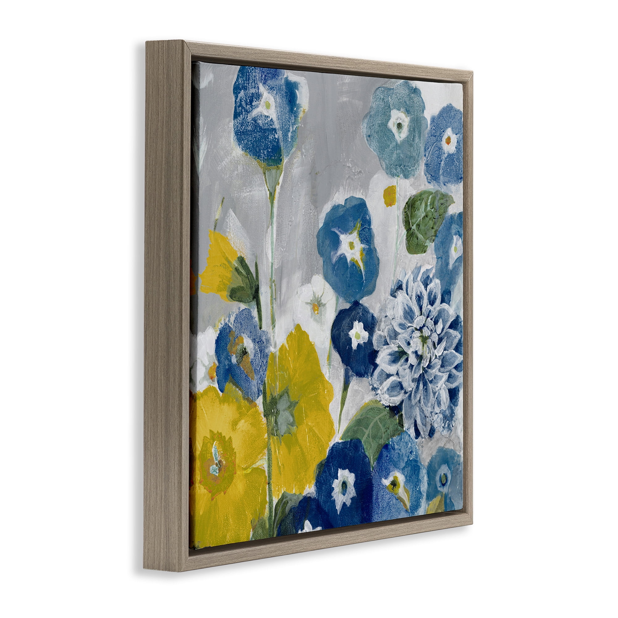 Stupell Industries Blue & Yellow Abstract Poppies Botanical & Floral Painting Brown Floater Framed Canvas Art Print Wall Art, 25 x 25