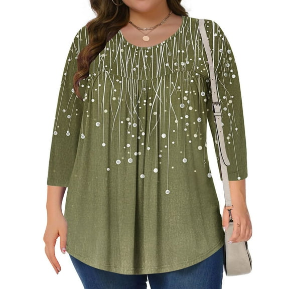 Dolkfu 3/4 Sleeve Women Tops Smocked Plus Size Floral Comfy Pleated Crew Neck Tunic Ladies Tops,L