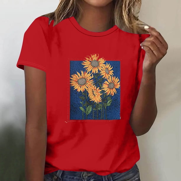 Fiudx Ropa de Mujer Blusas Estampadas a La Moda para Mujer Top de Cuello Redondo de Manga Corta