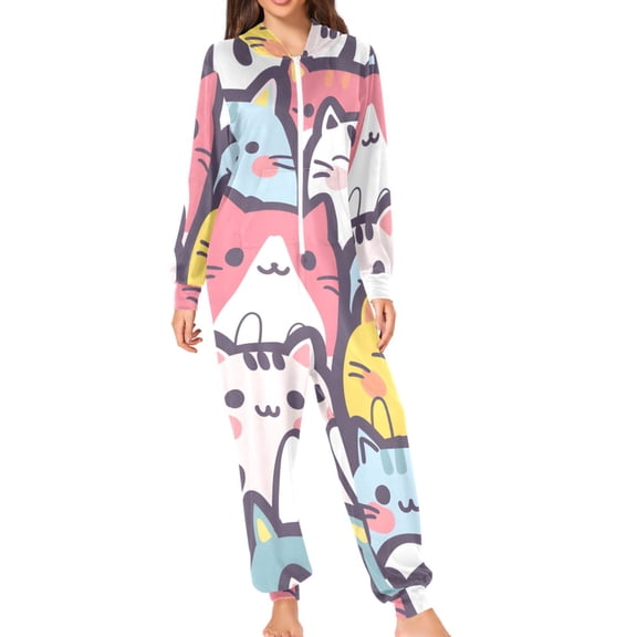 Seamless Cartoon Cute Cat Faces Adult's Hoodie Onesie Jumpsuit One-Piece Pajamas with Zipper Unisex for Holiday S