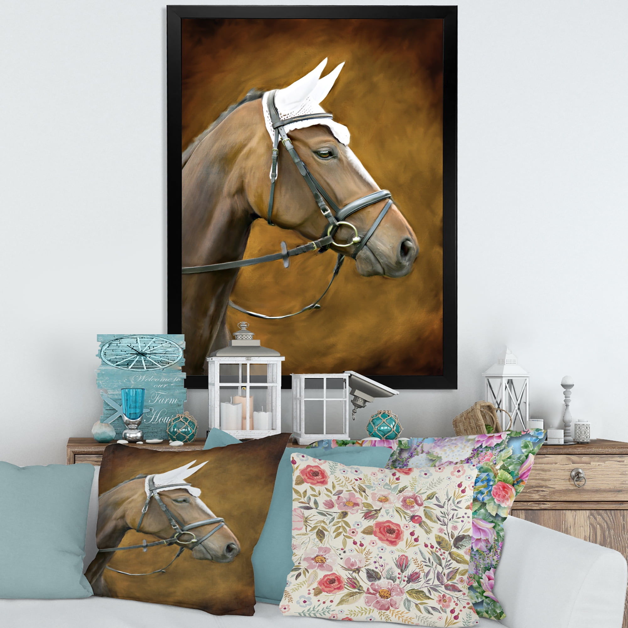 Designart 'Close Up Portrait Of Brown Horse With White Ears' Farmhouse Framed Art Print