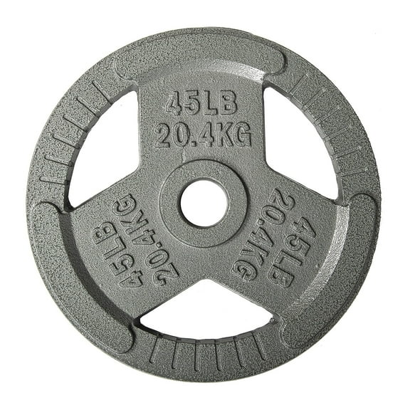 Signature Fitness Olympic Cast Iron Weight Plate, 45LB Single Plate, 2IN Center Hole, Tri-Grip Design, Light Gray with Gray Lettering