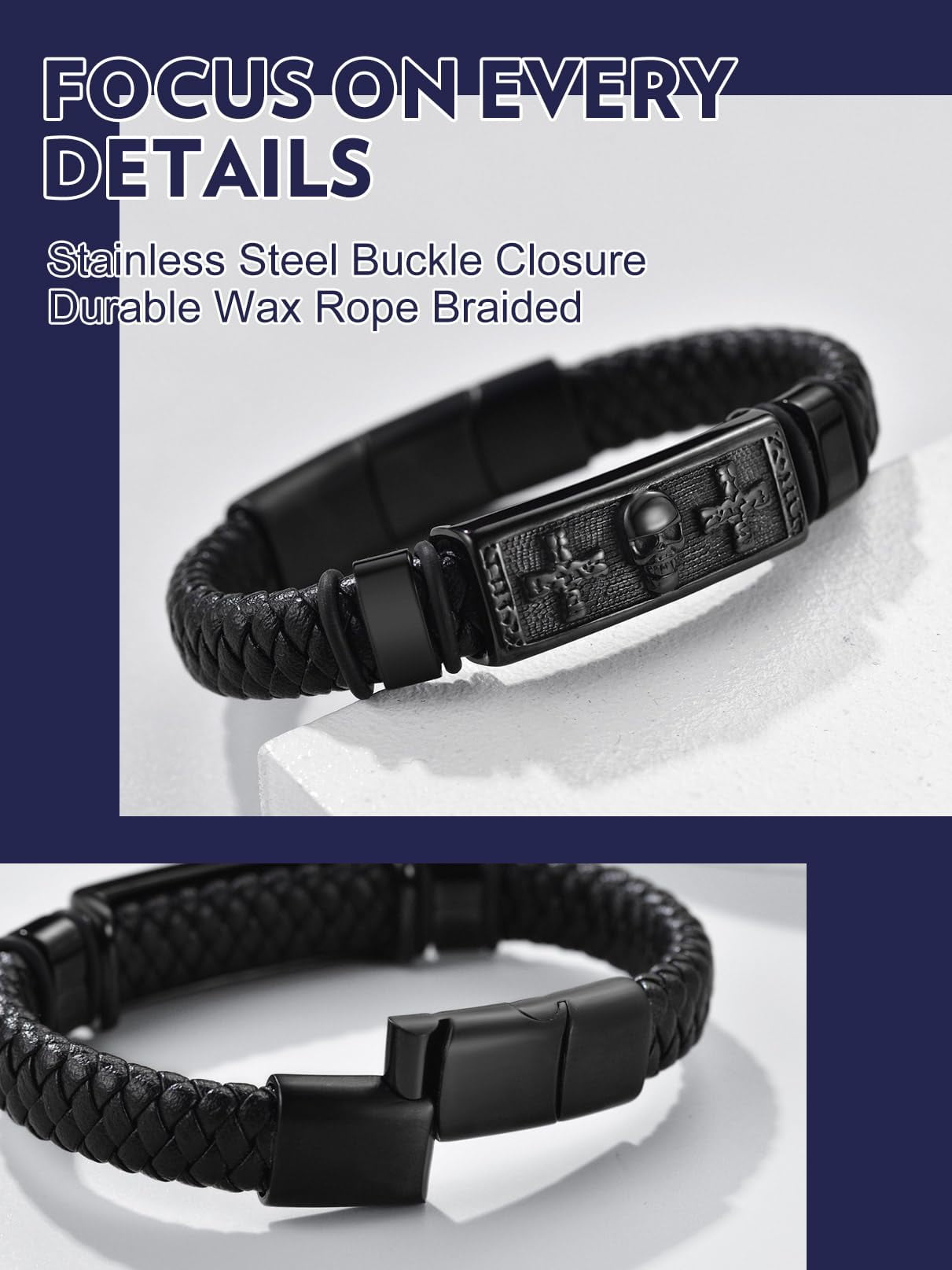 Bandmax Black Punk Gothic Skull Cross Bracelets for Men Women Black Braided Leather Cuff Wristband with Adjustable Buckle Halloween Birthday Father Day Gift for Dad Son Husband Grandpa