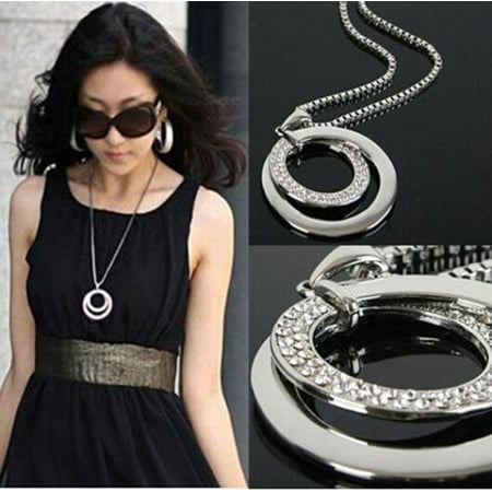 Outtop Long Chain Women Fashion Crystal Rhinestone Silver Plated Pendant Necklace