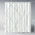 thumbnail image 1 of Cortina de ducha de tela a rayas grises y blancas para baño con 12 ganchos, cortinas de 72 pulgadas de largo, dobladillo ponderado, 1 of 5