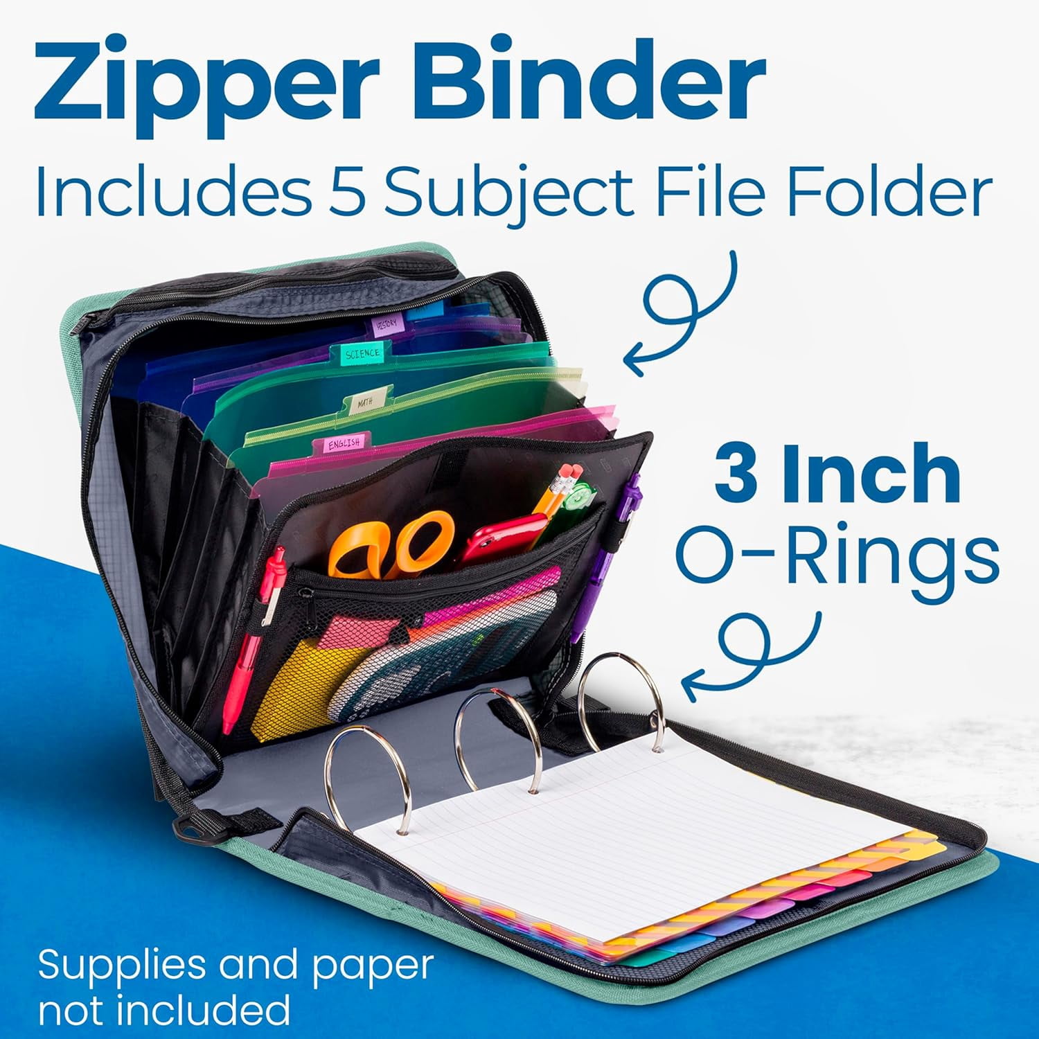 Case-it The Mighty Zip Tab Zipper Binder - 3 Inch O-Rings - 5