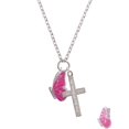 thumbnail image 2 of Delight Jewelry Silvertone Large Translucent Hot Pink Flying Butterfly Everlasting Love Engraved Cross Zoey Necklace, 28", 2 of 4